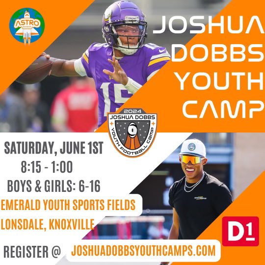 Spots are going fast for my 7th Annual Youth Camp in Knoxville on June 1st at Emerald Youth Sports Complex! Register your campers for profession football training from me in partnership with @D1_HardinValley! I will see y’all soon!🚀 Register: joshuadobbsyouthcamps.com