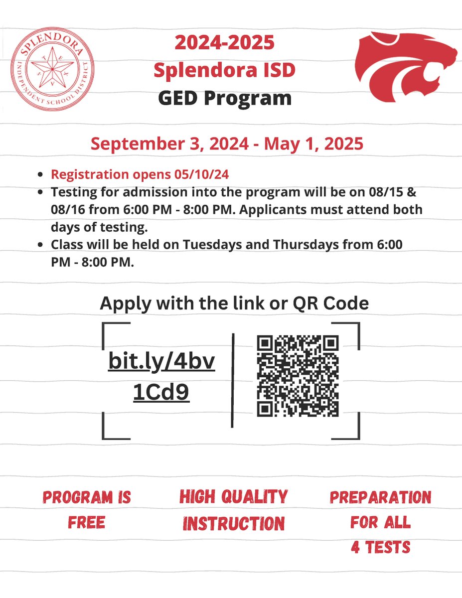 Splendora ISD is proud to offer (GED) General Education Development classes to our community. Please help us share this great news. 👉️ Classes run September 3, 2024 - May 1, 2025, Tuesday and Thursday from 6:00-8:00 pm 👉️ Apply Today! >> bit.ly/4bv1Cd9