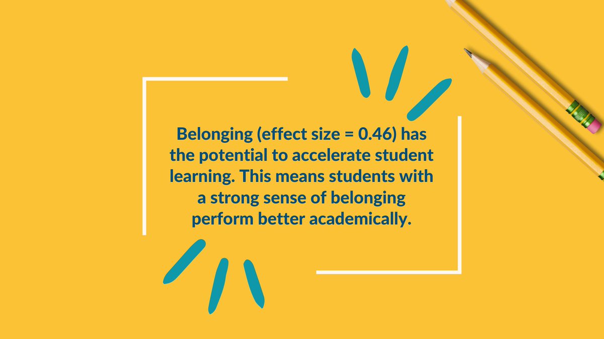 #Belonging is often defined as a visceral feeling: You know when you feel it—and you REALLY know when you don't. Belonging (effect size = 0.46, per the latest research) can accelerate learning, meaning that #students with a strong sense of belonging perform better academically.