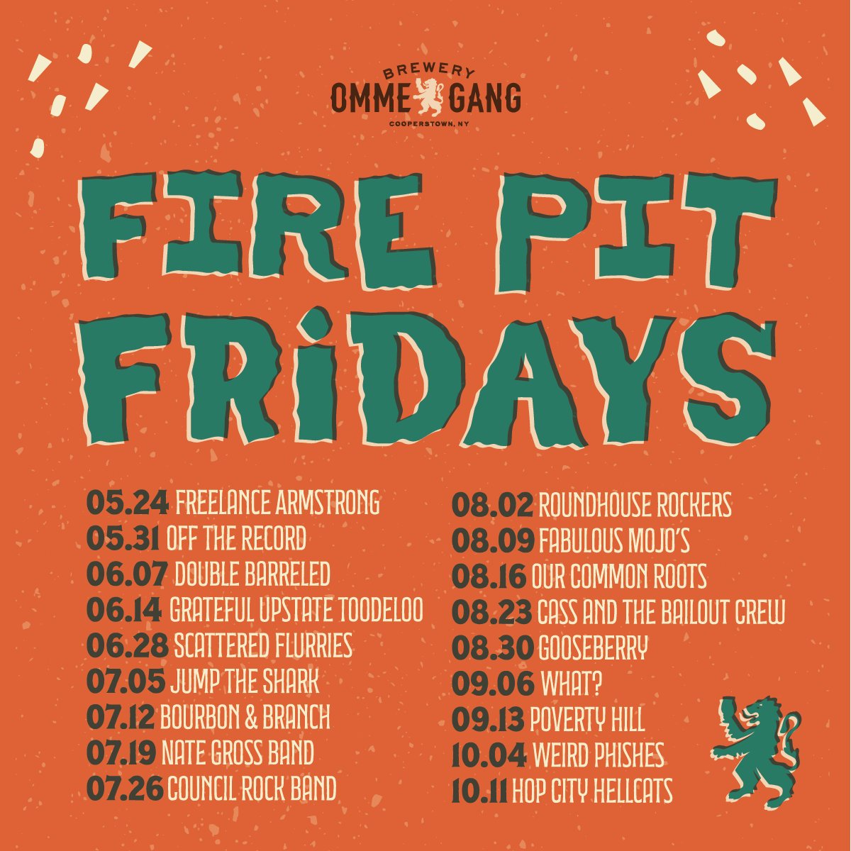 Do you hear that? It's the sound of the summer kicking off the 2024 Fire Pit Friday season Friday, May 24th!🔥🎵 Swipe to see the 2024 lineup or visit ommegang.com/events-concert… for more information.