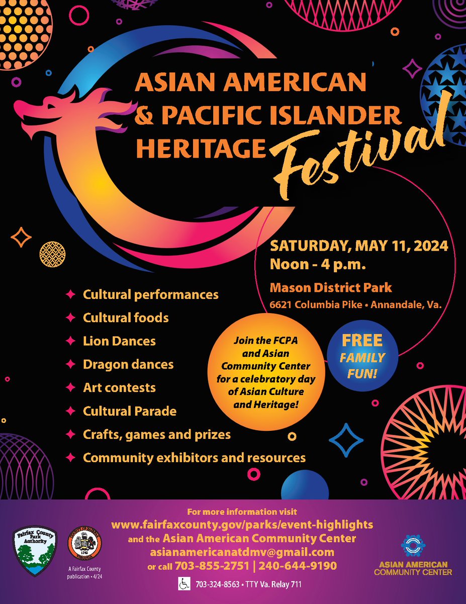 #Reminder Asian American & Pacific Islander Heritage Festival is tomorrow, May 11 at Mason District Park 🎊 Bring family and friends and join @fairfaxparks and the Asian Community Center for a celebratory day of Asian Culture and Heritage 🥘🐲☀️ More: bit.ly/3xQPAMK?utm_so…