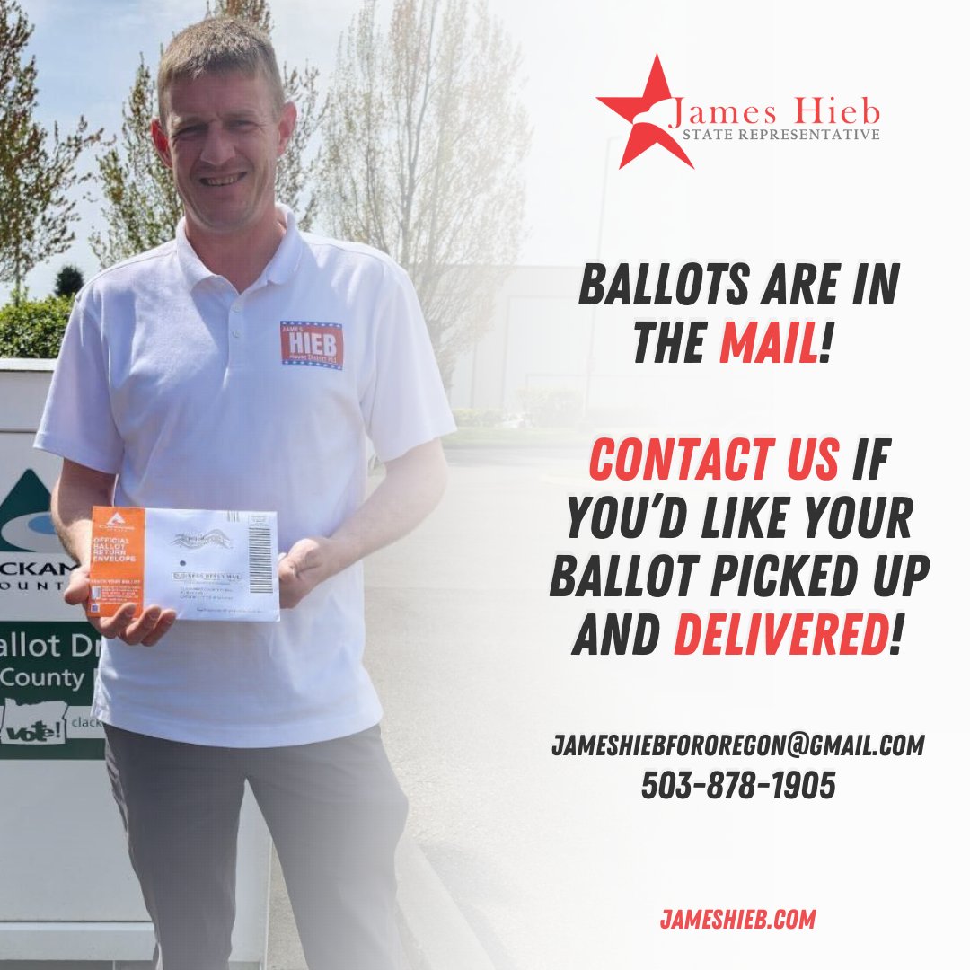 🚨 We're just 11 days away from Election Day and ballots are beginning to arrive in the mail.

If you'd like us to pick up and deliver your ballot, contact us! 

➡ Email jameshiebfororegon@gmail.com or call/text 503-878-1905.

#Oregon #OregonGOP #CanbyOregon #EstacadaOregon