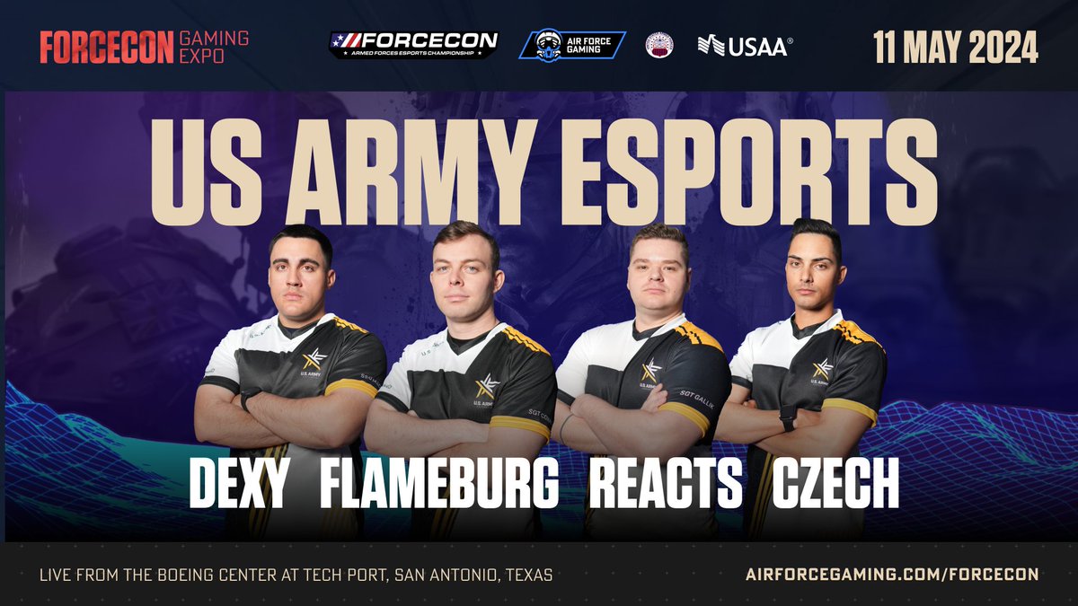 Meet the @USArmyesports team competing for the Armed Forces Esports Championship at #FORCECON! 🔥 Dexy 🔥 Flameburg 🔥 Reacts 🔥 Czech We're live with Day 1 matches on twitch.tv/airforcegaming! Don't miss out 🫣