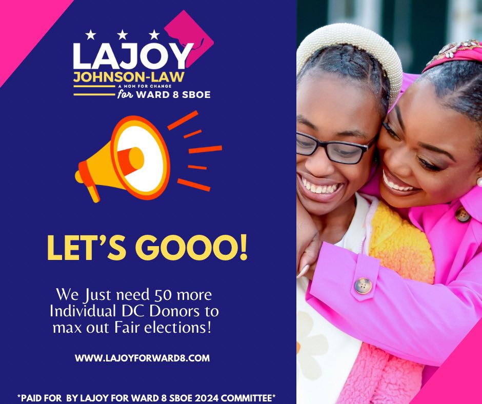secure.actblue.com/donate/lajoyfo… The campaign is hot 🔥! Let’s goooo y’all! I need 50 more donations to meet my first fundraising goal! There are no MOMS on the board and it’s time to change that! Ward 8!!! The mama bear is here and I love our babies! #ward8 #AbriasMom #LaJoyforWard8