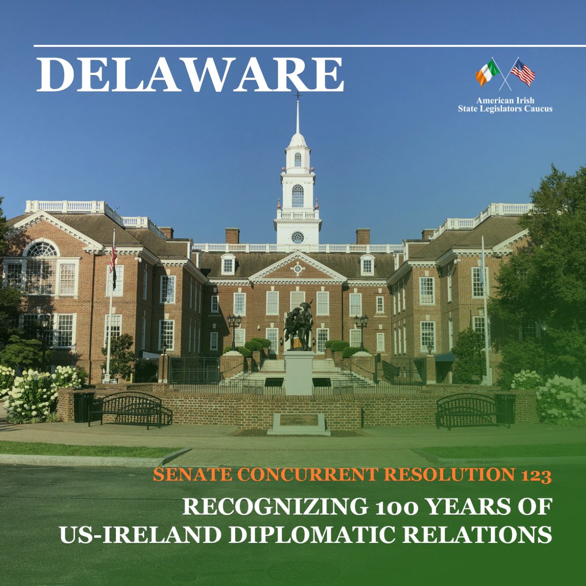 Commemorating 100 years of diplomatic relations between Ireland & the US in Delaware.

The Delaware Senate introduced a concurrent resolution recognizing this milestone and the role of the US in the Good Friday Agreement.

#AISLC #AmericanIrish #LeChéile100