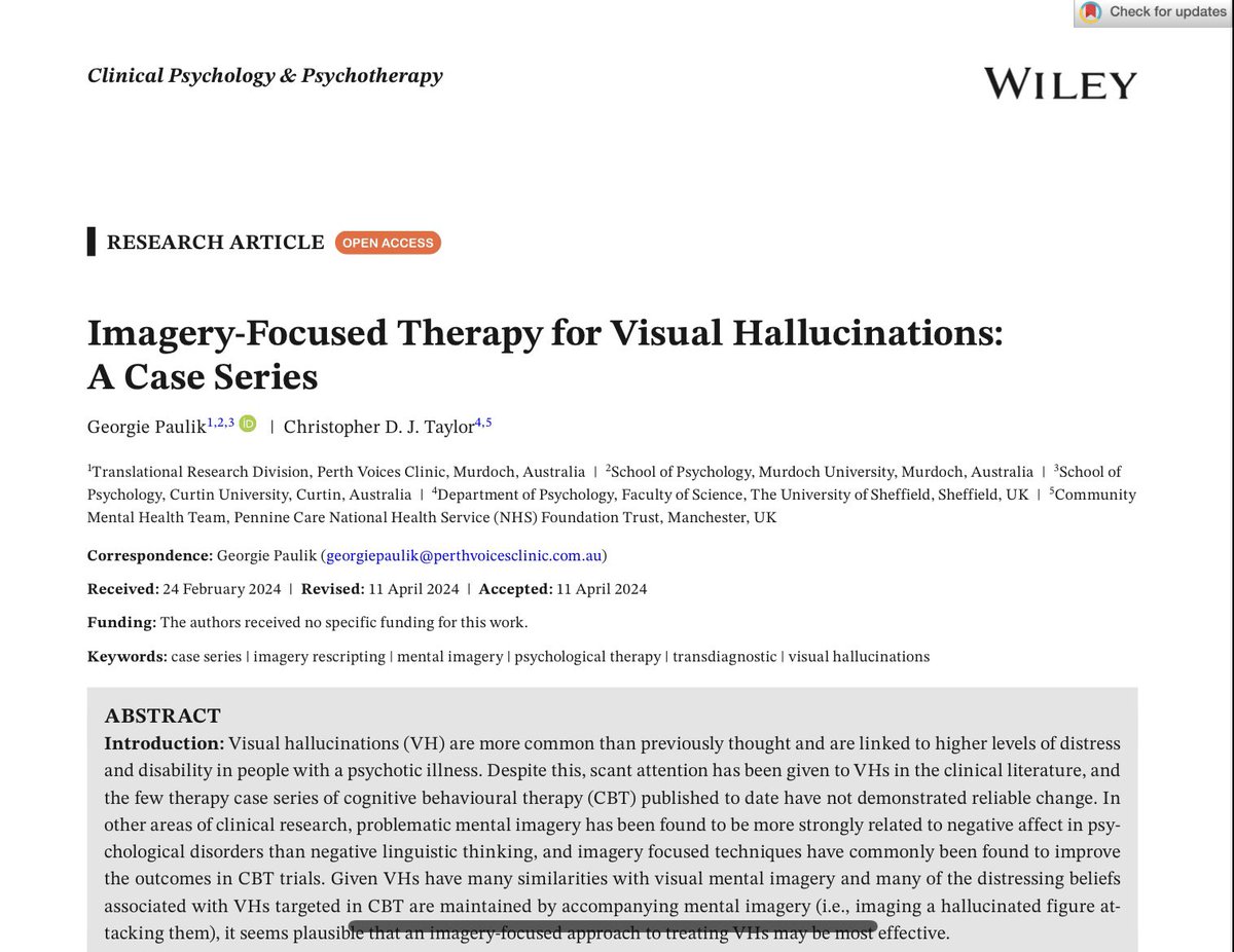 There are few therapies or treatments for visual hallucinations. Pleased to share this new study adapting #imagery focused approaches - a collaboration with Dr Georgie Paulik in Perth, Western Australia - & I. Open Access article here: doi.org/10.1002/cpp.29… @Penninecareres1