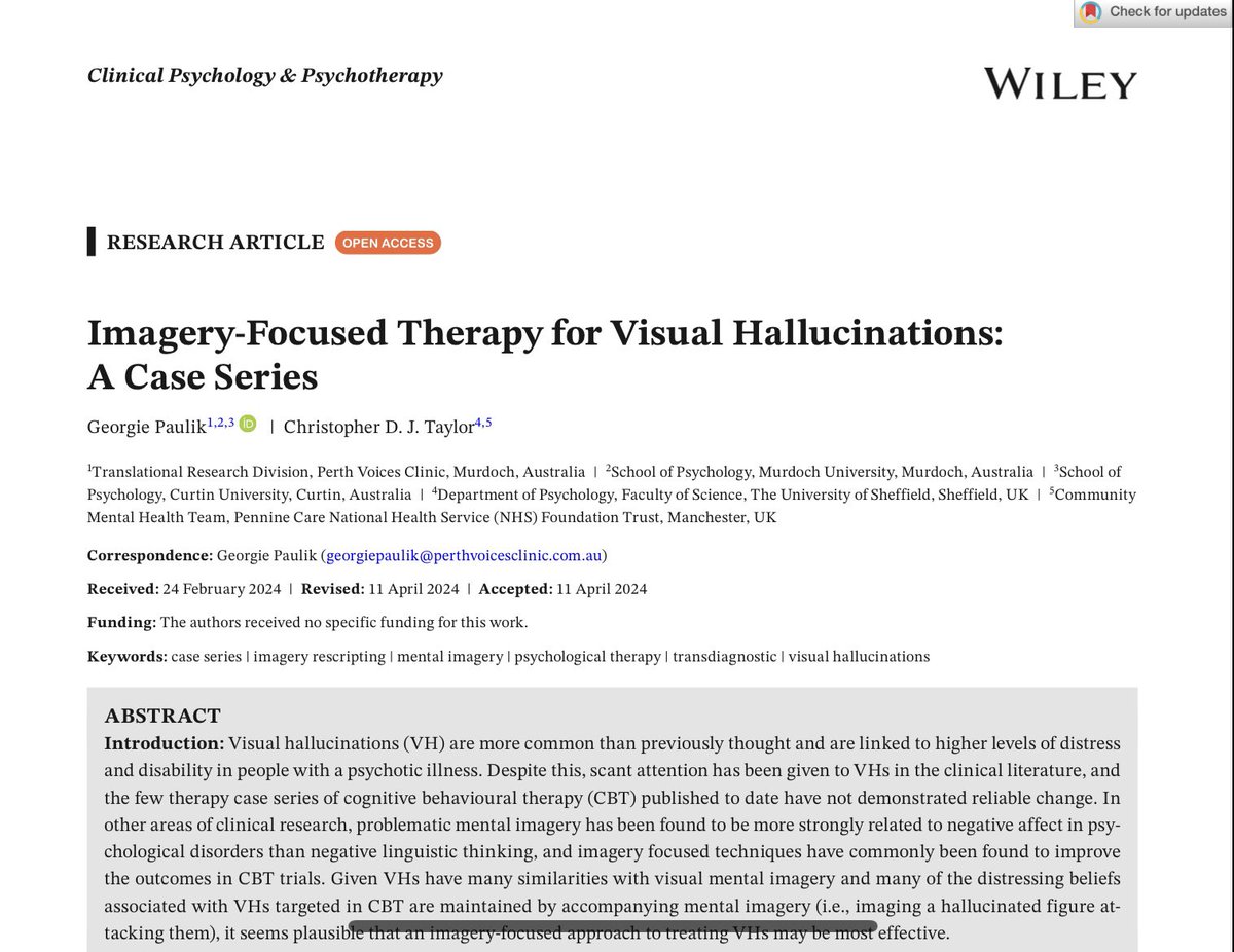 Dr Chris DJ Taylor (@chrisdjtaylor) on Twitter photo There are few therapies or treatments for visual hallucinations. Pleased to share this new study adapting #imagery focused approaches - a collaboration with Dr Georgie Paulik in Perth, Western Australia - & I. Open Access article here: doi.org/10.1002/cpp.29ā¦
<a href="/Penninecareres1/">PennineCareResearch</a> There are few therapies or treatments for visual hallucinations. Pleased to share this new study adapting #imagery focused approaches - a collaboration with Dr Georgie Paulik in Perth, Western Australia - & I. Open Access article here: doi.org/10.1002/cpp.29ā¦
<a href="/Penninecareres1/">PennineCareResearch</a>
