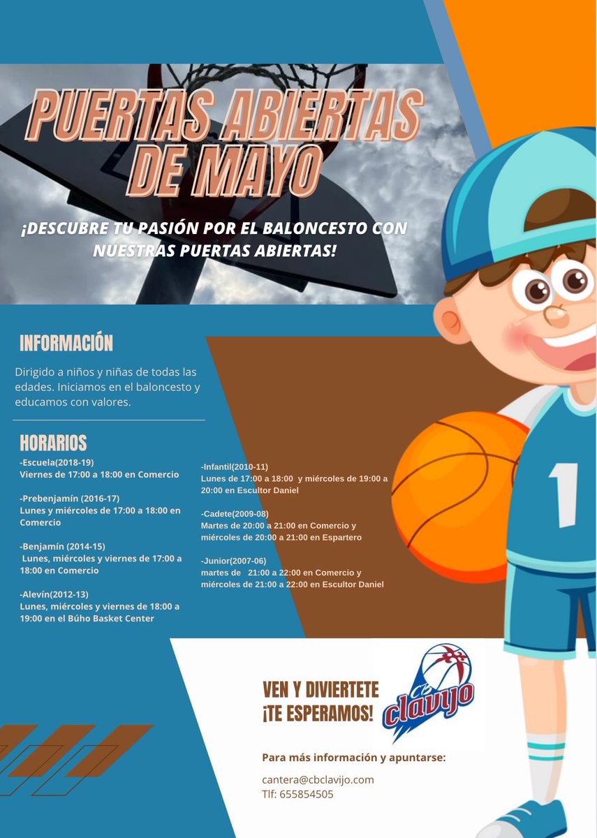 CBCLAVIJO's tweet photo. Si quieres descubrir tu pasión por el baloncesto, a partir del 13 de mayo , contacta con nosotros!!!🏀
Te esperamos 😊 https://t.co/KG8nmISwW1