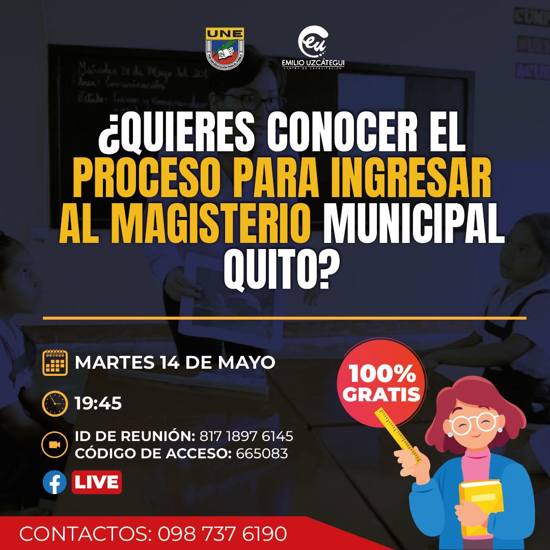 🎥 #webinargratuito ¿Quieres conocer el proceso para ingresar al #Magisterio Municipal de Quito?👩🏻‍🏫🧑🏻‍🏫 🗓️ Martes 14 de mayo 🕔 19:45 🎥 #Zoom y #FBLive 📞 Para más información, comunícate al:⬇️ wa.me/qr/XKZRBBKEGMY… #maestra #estudios #capacitaciones #educacion #profe…