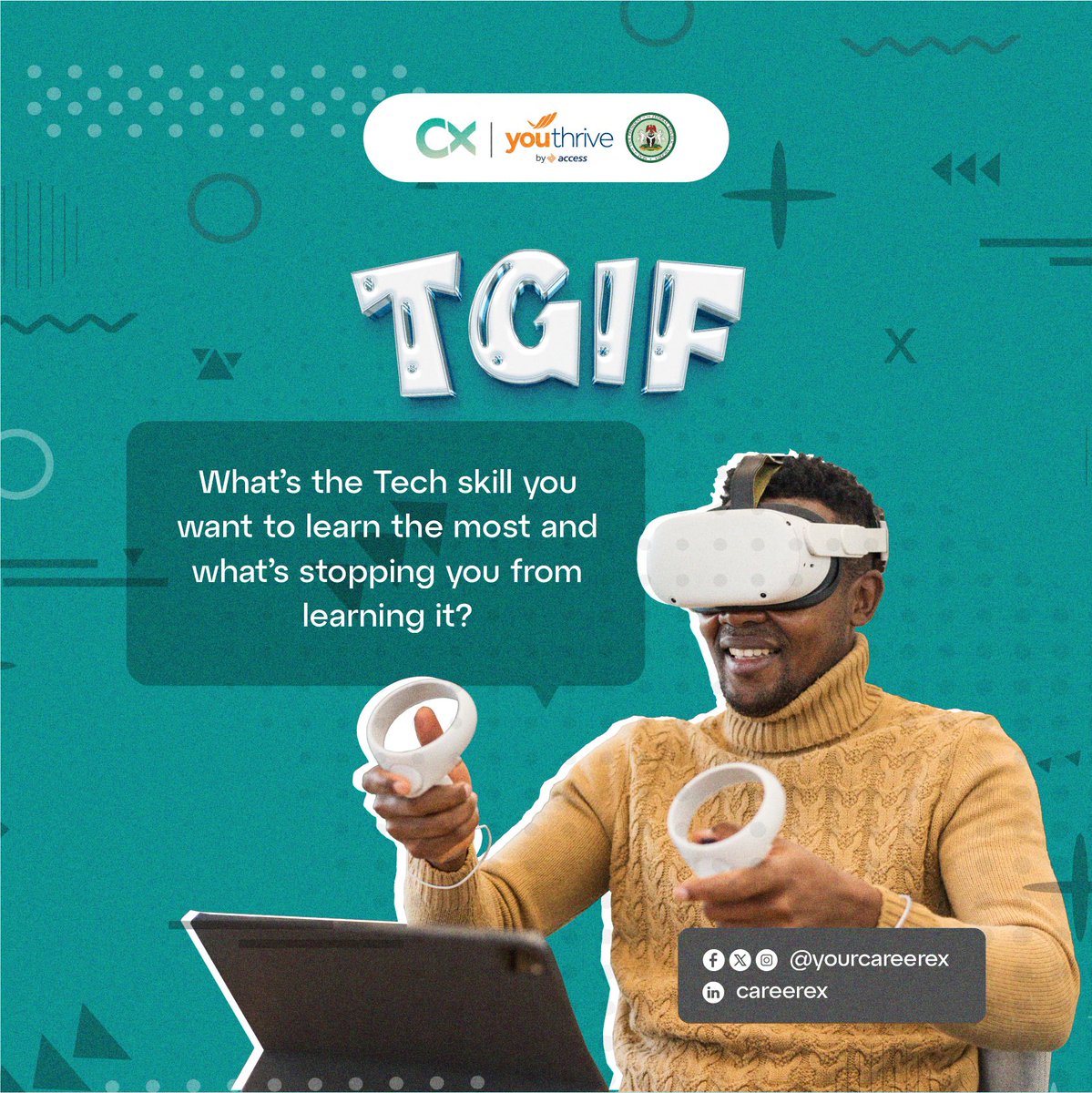 Tell us what tech skill you are eager to learn🚀🚀

 #FeelGoodFriday #TGIF #UnwindAndRelax #accessbank #youthrive #careerexinternship #elitepath #tech #yourcareerex #techblogger
