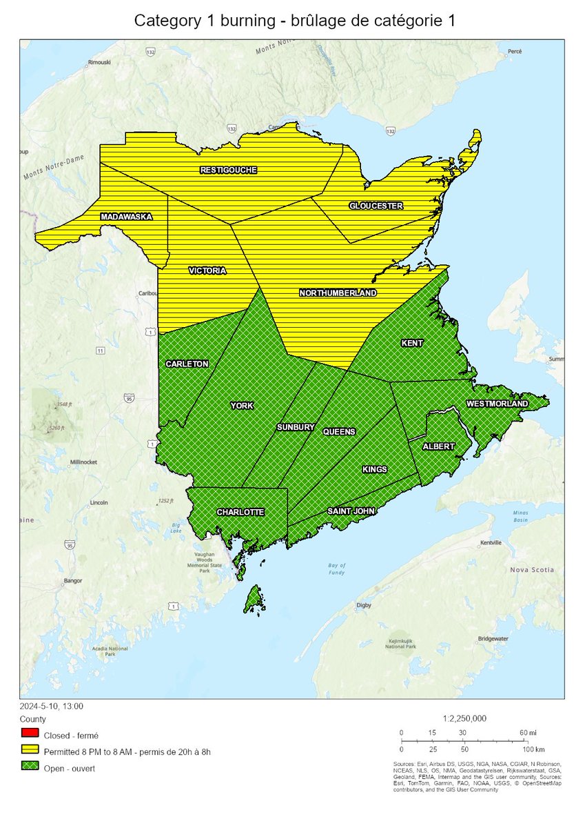 NBForestFires's tweet photo. Burning conditions are valid from 2 PM May 10 to 2 PM May 11. 

Between 8 PM and 8 AM burning is permitted in the following counties: Gloucester, Madawaska, Northumberland, Restigouche, Victoria. All other counties are open for burning. https://t.co/DUmsukoYmf