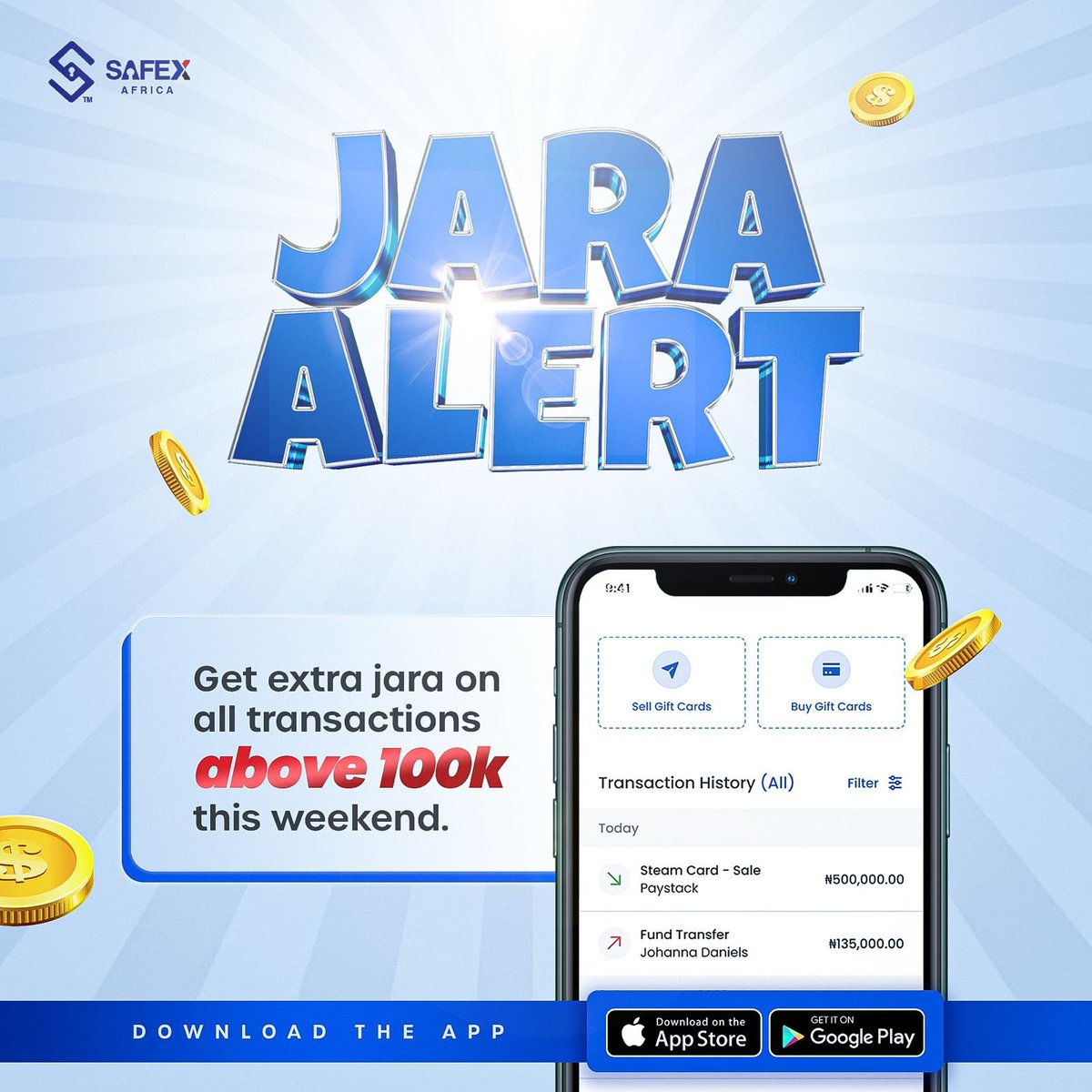 We are making it rain this weekend by giving you extra jara on all transactions above 50,000.

You will see this when you complete your transactions with us.
Let's freaky this Friday and weekend together.

#SafeX #FreakyFriday #Jara