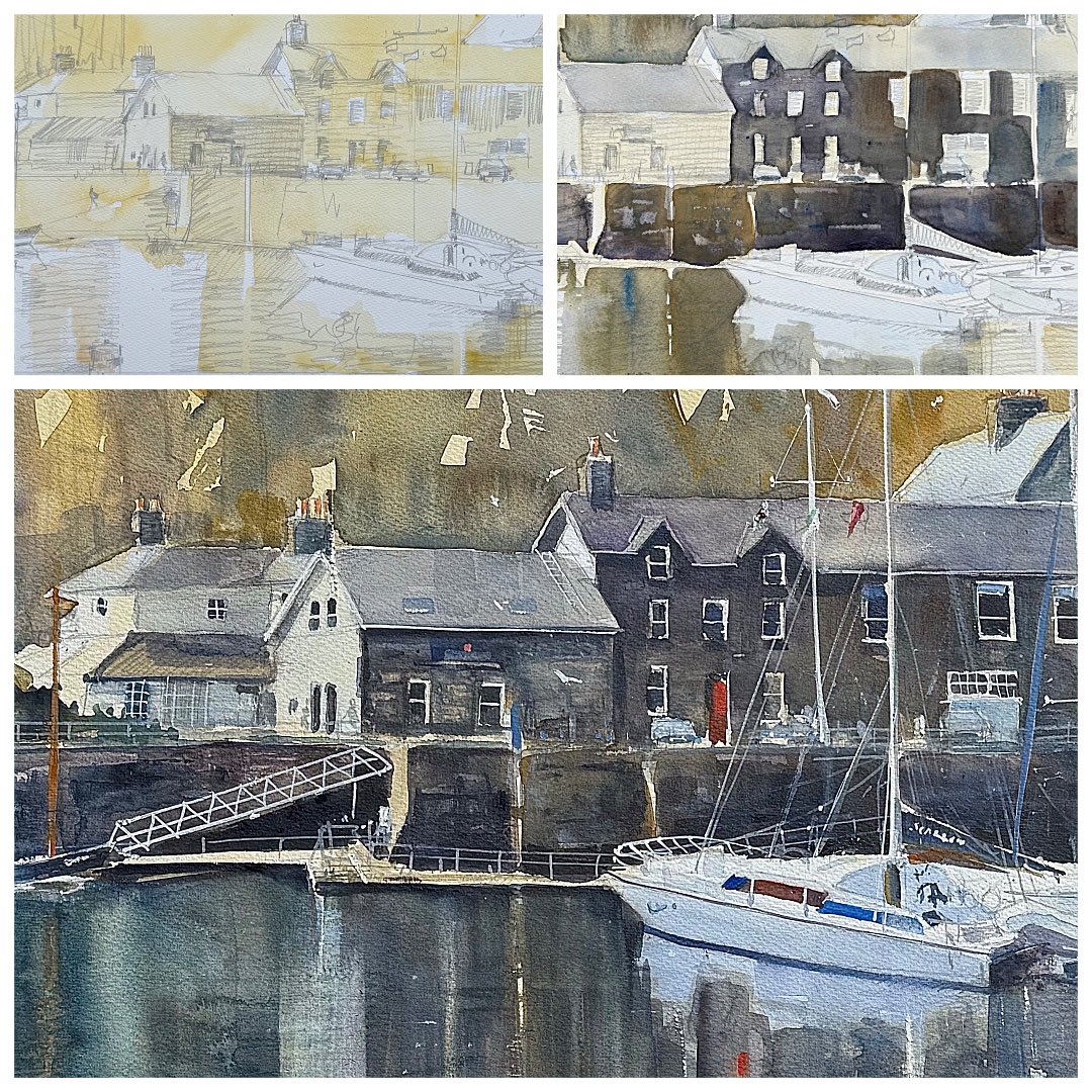 Porthmadog Yacht Club Golden Hour stages. Painted on St Cuthbert’s Millford paper using Schmincke watercolours. #watercolour #porthmadog #myc #marineart