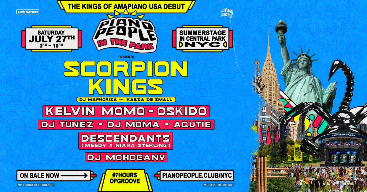 JUST ANNOUNCED: the full Piano People lineup is here! @kelvinMomo_, @OskidoIBelieve, @DJ_TUNEZ, @djmoma, AQUTIE, Descendants, and DJ Mohogany will be joining headliner Scorpion Kings in Central Park on July 27🔥 Tickets are available at cityparksfoundation.org/events/piano-p…