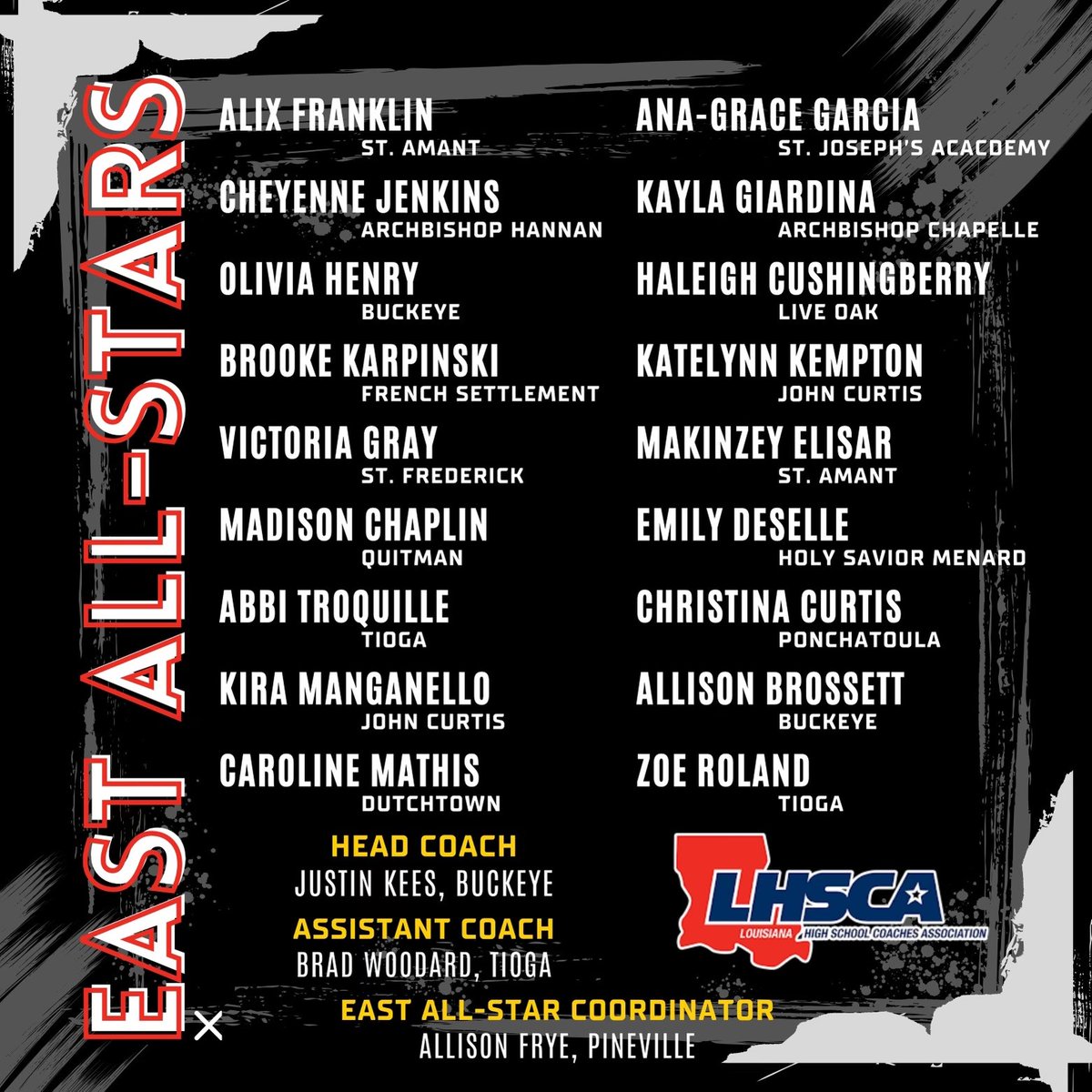 Congrats to the East & West Softball All-Stars and coaches competing in the LHSCA / LSCA weekend doubleheader. Game 1 underway at 6pm tonight at Ward 10 Rec Complex in Ball, LA. Game 2 at 12:00 Saturday, same site. Best of luck! Great group of college bound athletes in the CenLa.