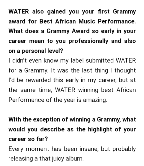 Tyla on the highlight of her career besides winning a Grammy: - 'Every moment has been insane, but probably releasing that juicy album.' 😅