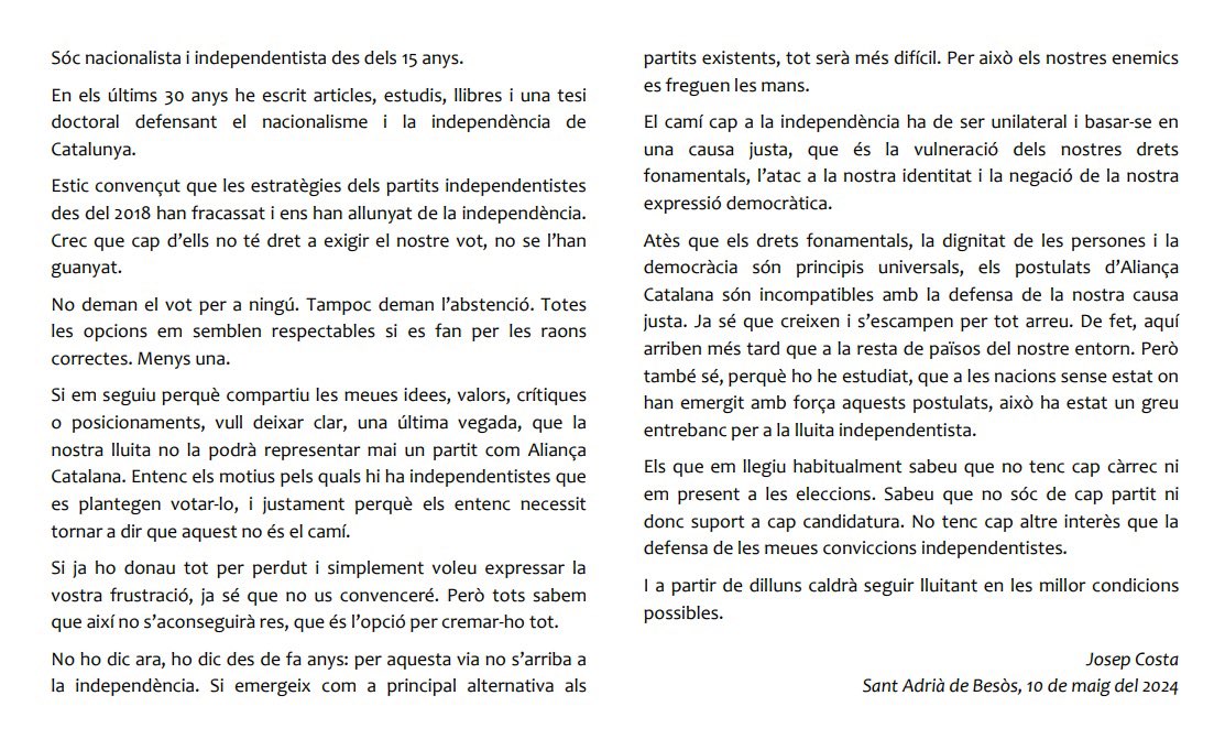Els CDR som apartidistes, però per sobre de tot som contraris a tota forma de discriminació. Per això ens fem ressò del manifest de Josep Costa en vigílies d'aquestes eleccions.
Per una república amb drets i llibertats fonamentals per a totes les persones i tots els col·lectius!