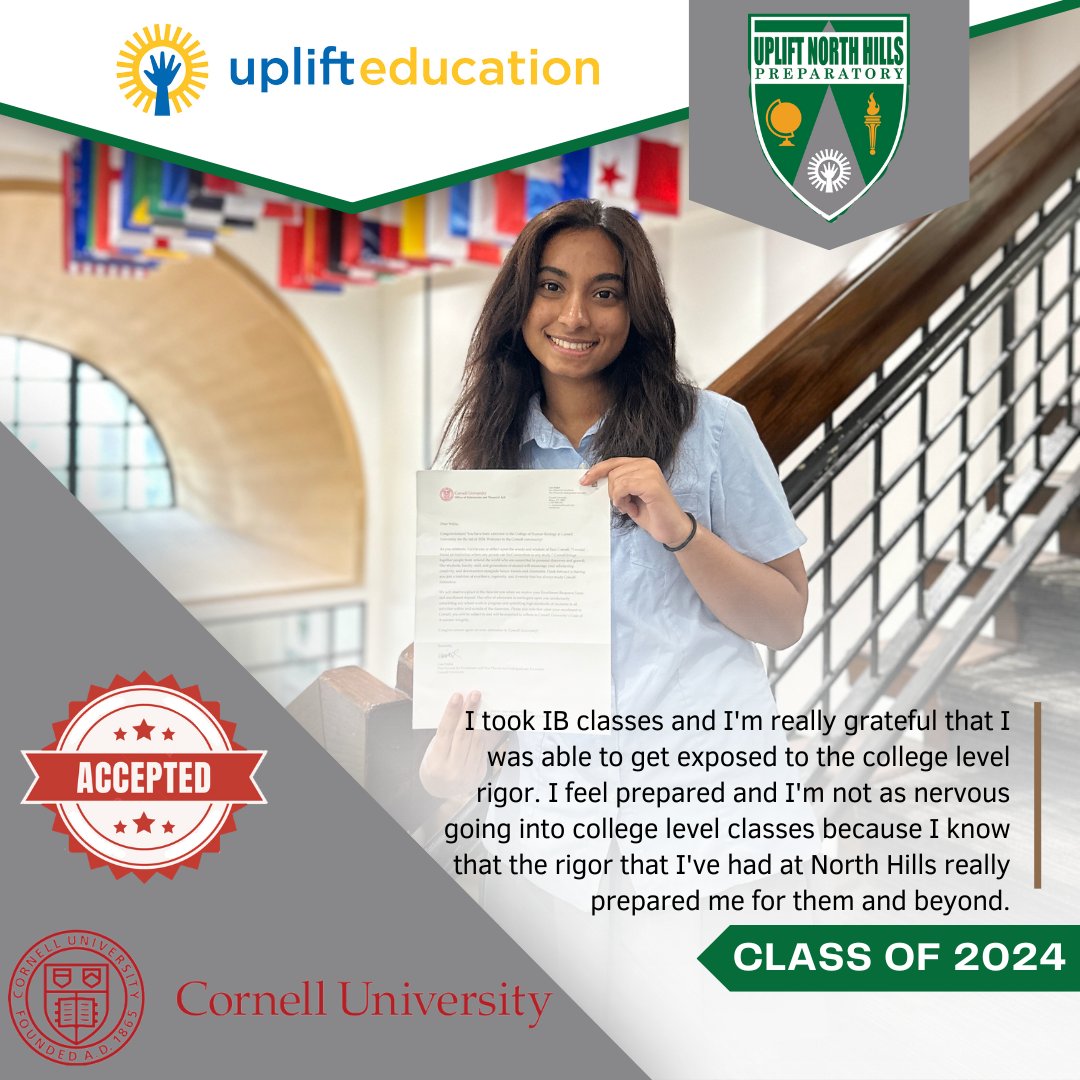 🎓 Exciting news! Uplift North Hills' Srijita Kommaraju is headed to #Cornell to study Public Health on a pre-med track! Thanks to our dedicated staff and her hard work, she's all set for success. Congratulations, Srijita! 🎉👏 #CornellBound #UpliftProud #IvyLeague