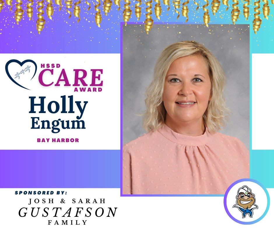 Holly Engum, Secretary, is the recipient of the HSSD CARE Award at Bay Harbor! 🏆 Thanks to Holly for contributing to the positive and caring learning environment at Bay Harbor. Please join us in thanking the Josh & Sarah Gustafson family for sponsoring this award. 💛 #BHSailors