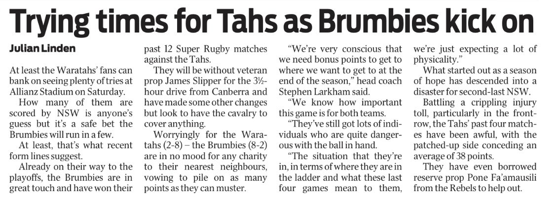 Tonight’s the night Tahs. Prove ‘em wrong.

“Already on their way to the playoffs, the Brumbies are in great touch and have won their past 12 Super Rugby matches against the Tahs.”