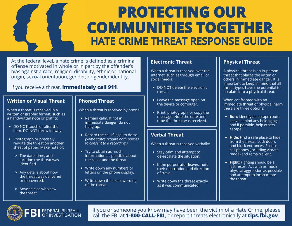 The #FBI Hate Crime Threat Response Guide describes how to respond to various types of hate crime threats. It provides instructions, including contact information. Download your copy today: ow.ly/6z0f50RzSOL