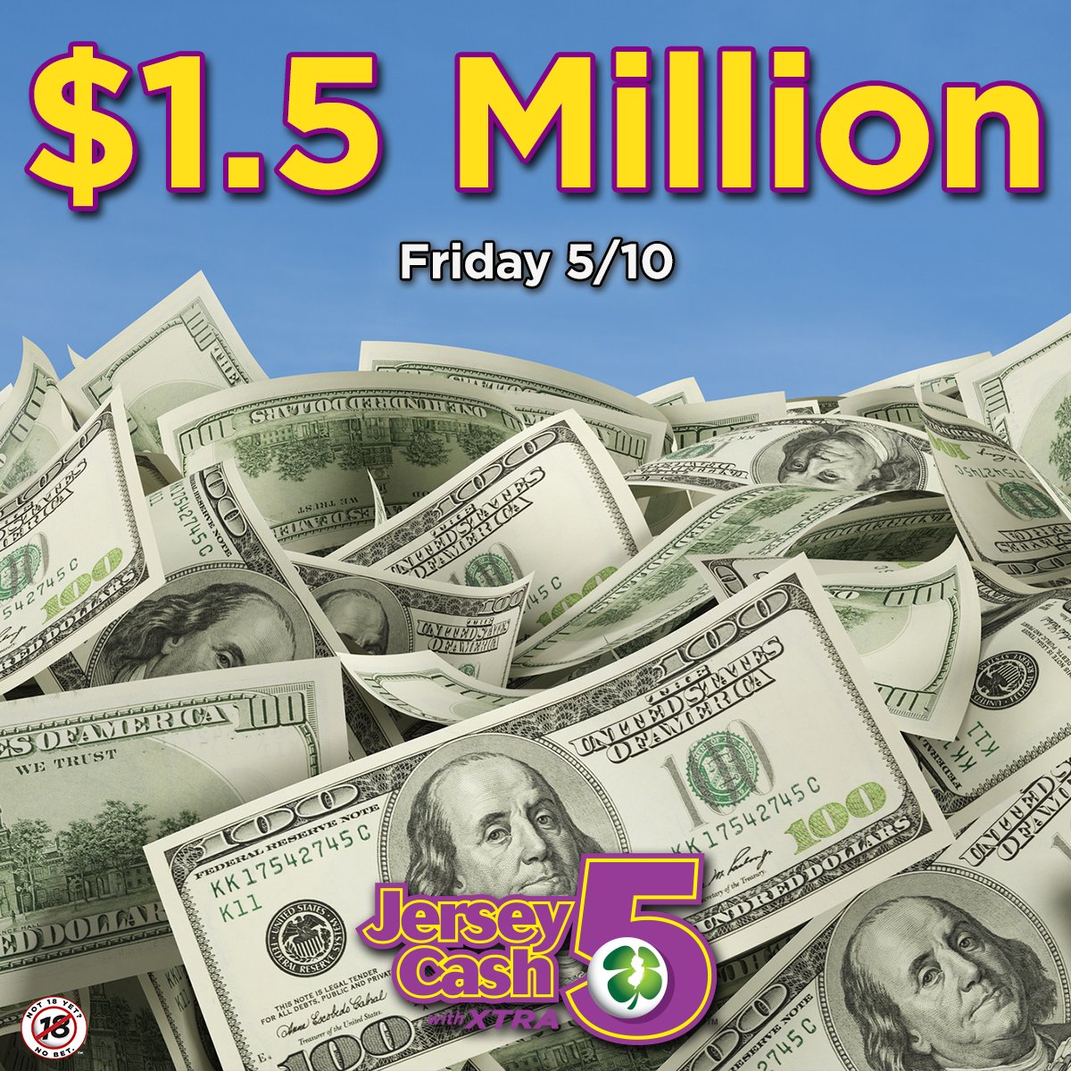 And it rolls… again! Tonight’s #JerseyCash5 jackpot is now $1.5 MILLION! Who’s getting their ticket?! For Jersey Cash 5 game odds, visit NJLottery.com/JerseyCash5. #AnythingCanHappenInJersey🍀