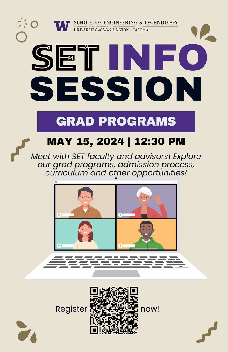📣 Join us for an interactive, graduate program information session with Faculty and Advisors from the School of Engineering and Technology (SET)! Scan the QR code or visit the link in our bio to register! 😎 #UW #UWT #SET #InfoSession #GradProgram #MSCSS #MSECE #MSIT #MCL