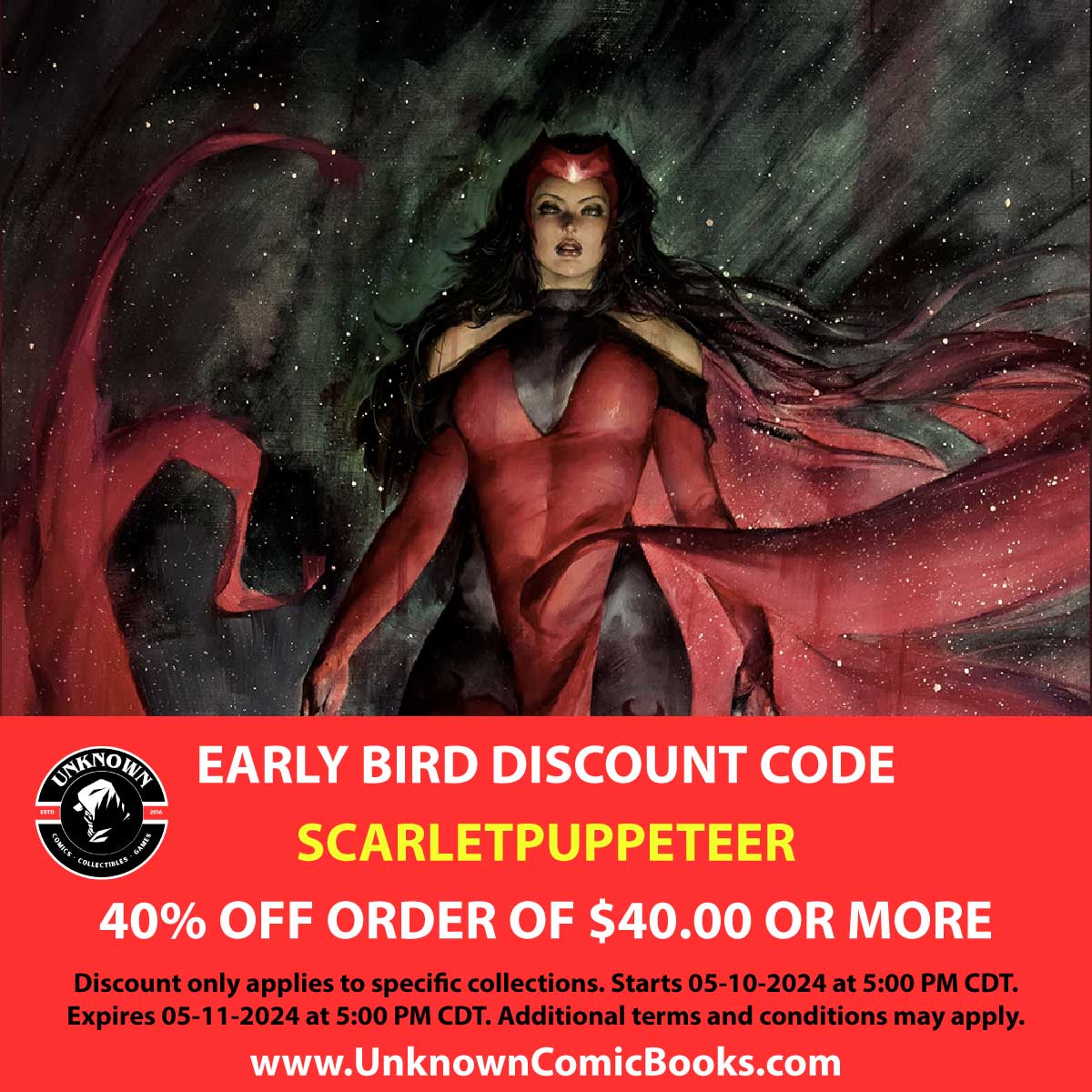 Pre-order NOW: Scarlet Witch #1 Puppeteer Lee Exclusive!  This historic Marvel cover debuts for a limited time.  Use code SCARLETPUPPETEER for 40% off orders of $40+ (24hrs only)!UnknownComicBooks.com #ScarletWitch #PuppeteerLee #ExclusiveVariant #UnknownComics #DiscountCode