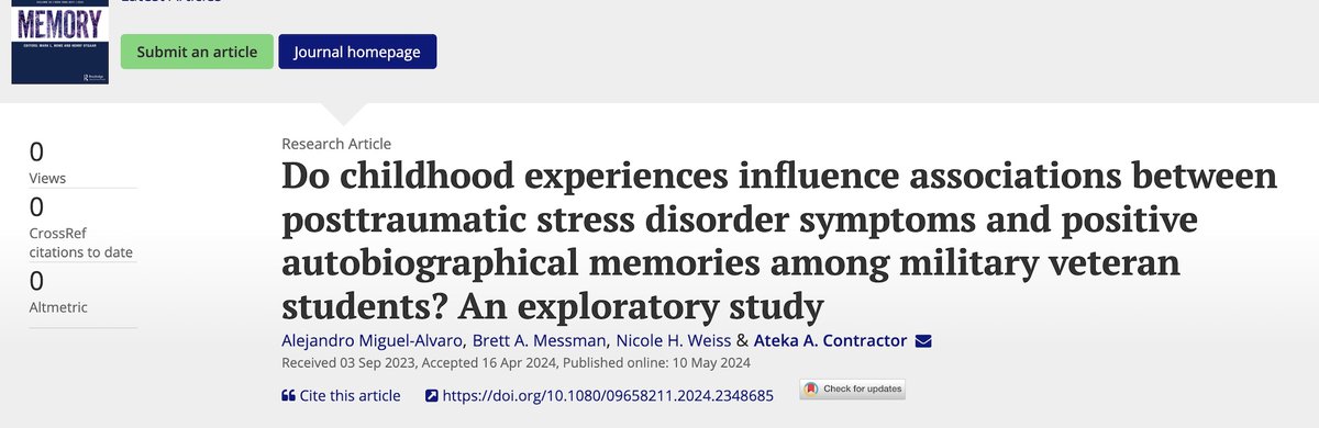 Excited to see this study published in #Memory ! Led by @aldemial and @SleepGuyBrett in collaboration with @NHWeissPhD, this study highlights if and how #childhood experiences influence experiential characteristics of our #PositiveMemories. @UNT_STRESS_Lab #PTSD research