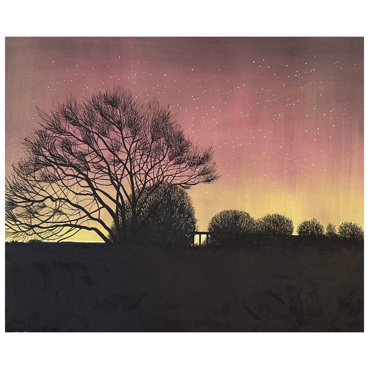 “ Aurora at the Sheppey Crossing, March 2023” painting by janetdarleycontemporaryartist.com gouache on @StCuthbertsMill