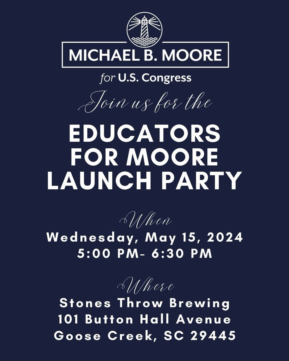 On the last day of Teacher Appreciation Week, I’d like to thank educators across #SC01 for your tireless work on behalf of our children. I hope you’ll join us next week in Goose Creek for our “Educators for Moore” launch party! RSVP now to attend: secure.actblue.com/donate/efm5.15
