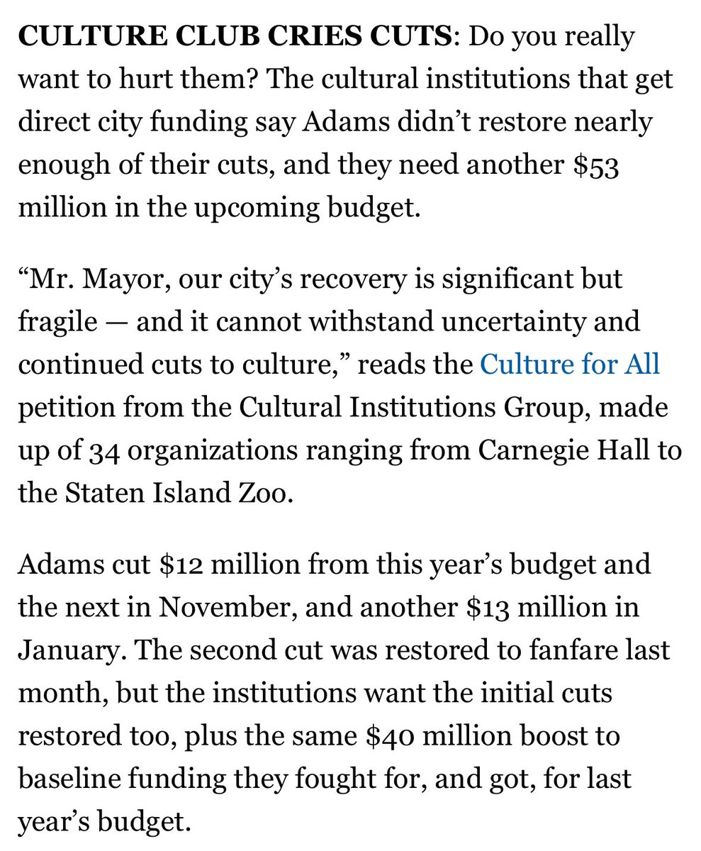 Adams only restored *some* of the cuts to top cultural institutions and they’re pushing for $53 million more in the city budget. First in Playbook: politico.com/newsletters/ne…