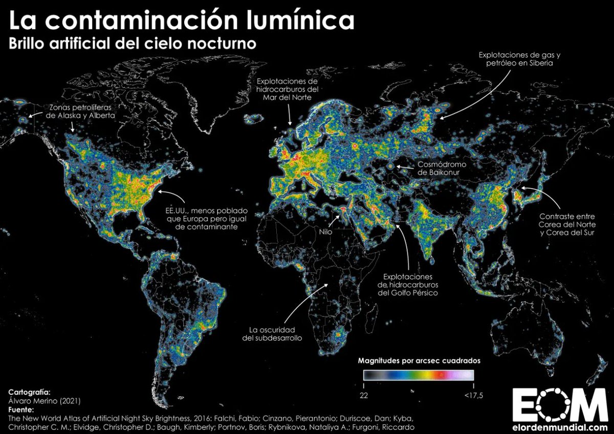 A causa de la contaminación lumínica, un tercio de la población mundial no puede ver la Vía Láctea desde su casa. En Europa es el 60% y en Norteamérica el 80%. Ojo al contraste entre las Coreas o en Egipto. Así se ve sobre el mapa 👇 elordenmundial.com/mapas/mapa-con…