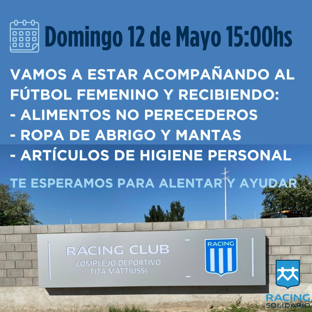 #RacingClub 🆚️ #EstudiantesBA
🗓 Domingo 12 de Mayo
🕣 15:00hs
🏟 Tita Mattiusi

Vamos Racing 🤍💙
