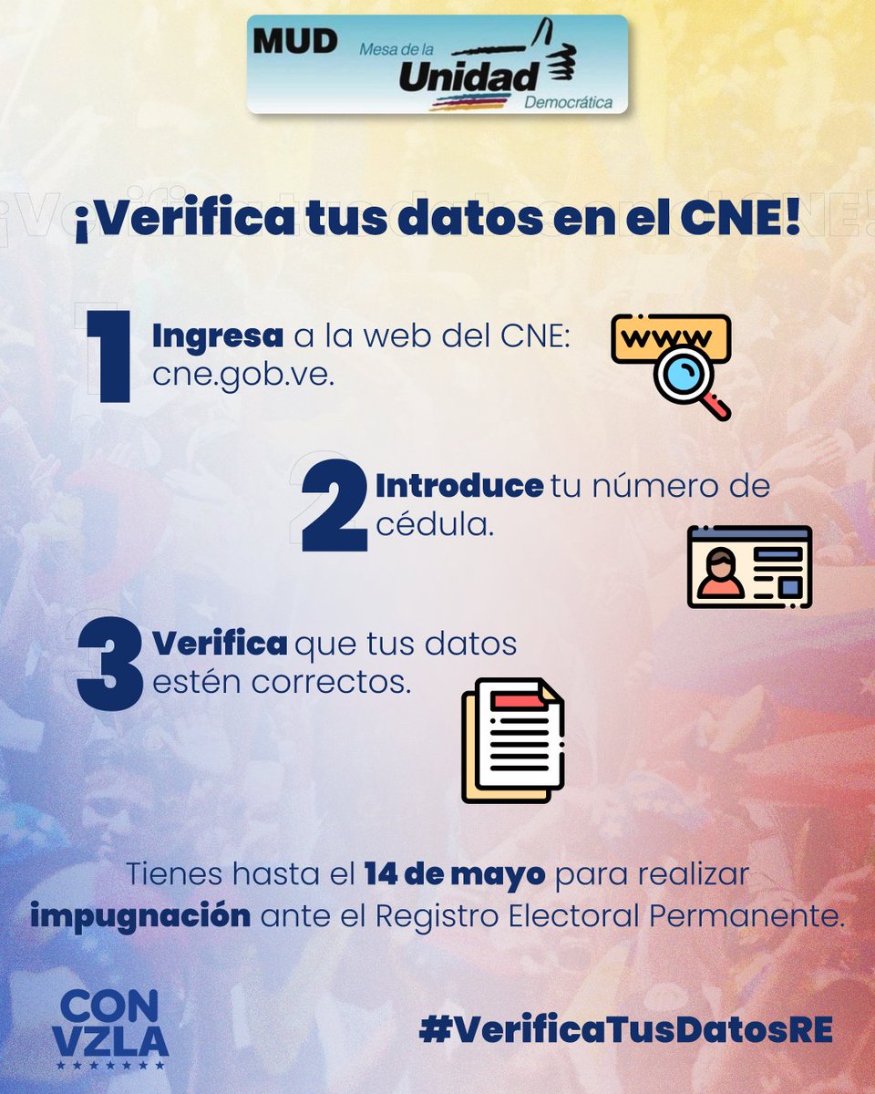 El CNE abrió el proceso de actualización del Registro Electoral. 🗳 

Si logras registrarte y actualizar tus datos, tienes hasta el 14 de mayo para confirmar que estás habilitado para votar. 🇻🇪 #VerificaTusDatosRE