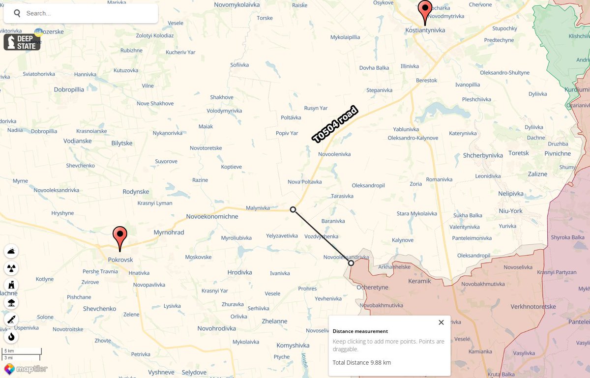 I've already wrote about this, but as many eyes turned to Kharkiv today, I wanted to remind that after expanding their zone of control around Ocheretyne, Russian forces were 10km away from the T0504 road, linking the cities of Pokrovsk and Kostiantynivka, important Ukrainian…