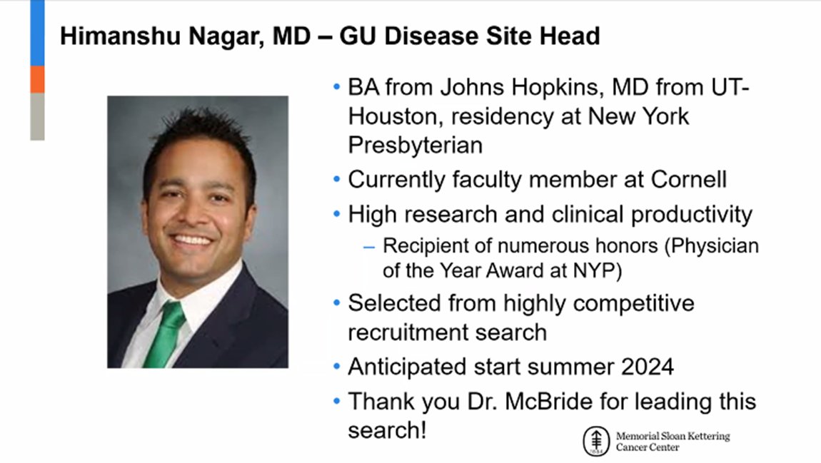 📢We are overjoyed to announce that Dr @HimanshuNagarMD will be joining @MSKCancerCenter this summer as our Genitourinary Cancer Disease site leader. Dr Nagar is a compassionate clinician & innovative researcher. We are excited to see where he leads our GU #radonc team!