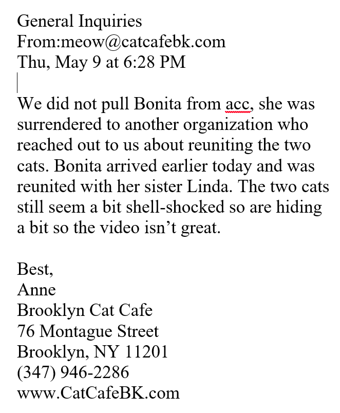 UPDATE ON BONITA AND LINDA:

Thanks to some great work and digging done by Renee, @sachikoko, she learned that LINDA AND BONITA have been reunited at BBAWC/CAT CAFE.

Wanted to pass this info along as I know how worried/upset the community was about them being split up.

Again,…