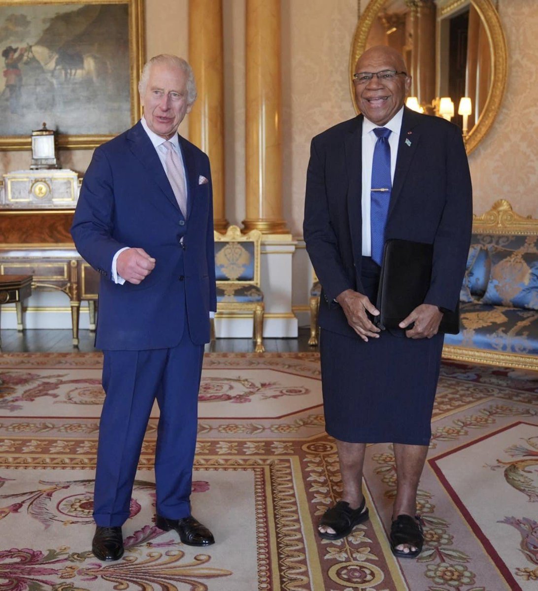 Fiji Prime Minister with His Majesty King Charles III at Buckingham Palace in London on 7th May 2024. The historic meeting reaffirmed the strong and enduring relationship between Fiji & the United Kingdom. 🇬🇧🤝🇫🇯 PC: The Royal Family