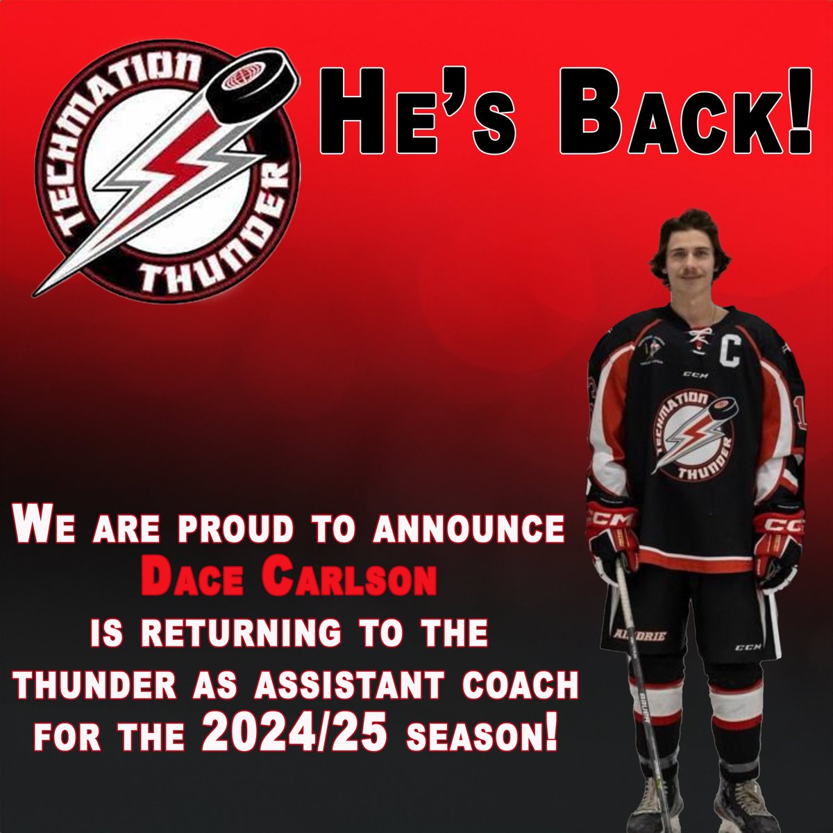 The Airdrie Techmation Thunder are excited to announce that Former Thunder Captain, Dace Carlson will be behind the bench for the 2024/25 season as Assistant Coach!   Welcome to the Family Dace! We’re super happy to have you!!