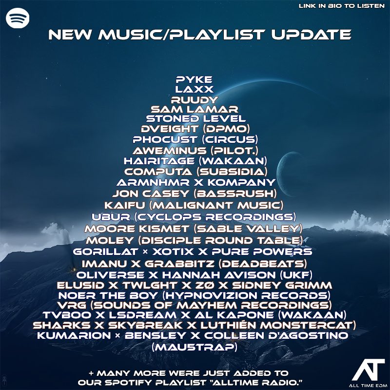 New Music Friday! @LAXX @uburdub @vrgmusic @pykedubz @moleydubs @noertheboy @SamxLamar @StonedLevel @dveightmusic @AweminusDub @joncaseybeats @HairitageMusic @computamusic @RudeBassMedia @imanumusic x @grabbitz @oliverse x Hannah Avison @ARMNHMR x @Kompanymusic