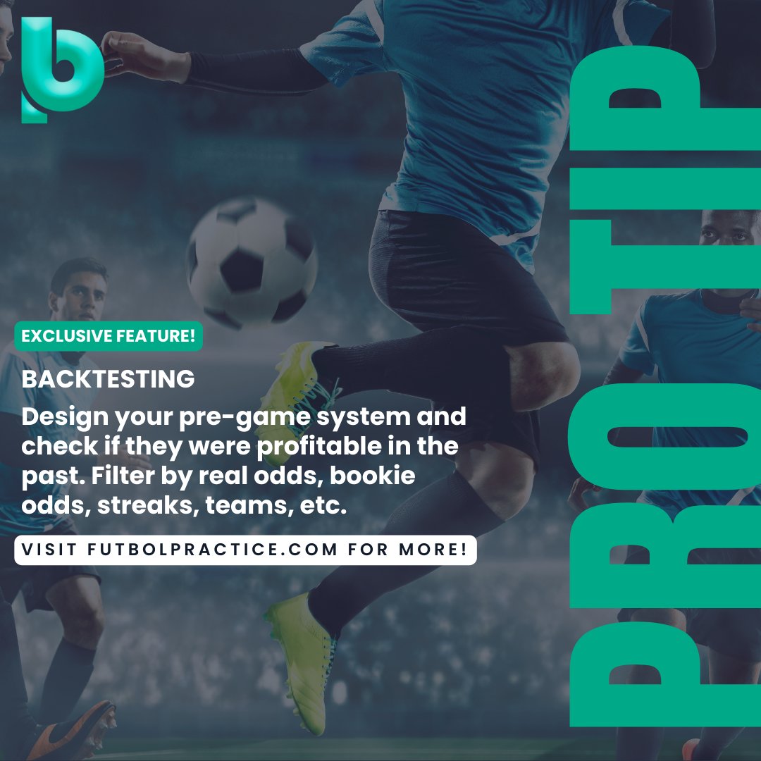 𝗙𝗨𝗧𝗕𝗢𝗟𝗣𝗥𝗔𝗖𝗧𝗜𝗖𝗘 𝗘𝗫𝗖𝗟𝗨𝗦𝗜𝗩𝗘 𝗙𝗘𝗔𝗧𝗨𝗥𝗘  ⚽️ Backtesting ⚽️
You can design your pre-game system and check if they were profitable in the past. Filter by real odds, bookie odds, streaks, teams, etc.

🆓 Try it now for Free! 👉🏻 bit.ly/4b0KbRu