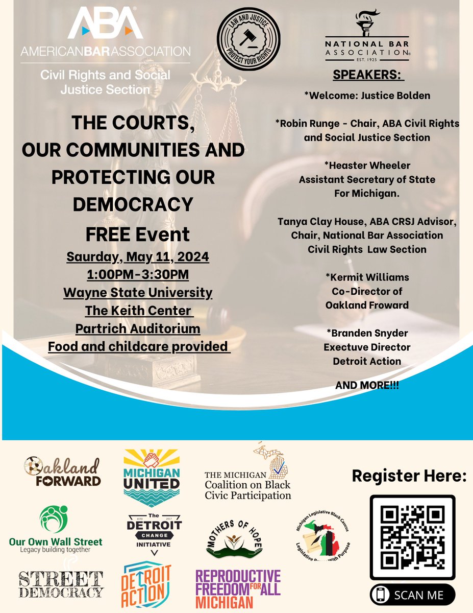 Don't miss the 'The Courts, Our Communities, and Protecting Our Democracy' event at Wayne State tomorrow at 1 pm! Learn about the role of BIPOC communities in the justice system & ongoing efforts in criminal justice reform. Food & childcare provided! docs.google.com/forms/d/e/1FAI…