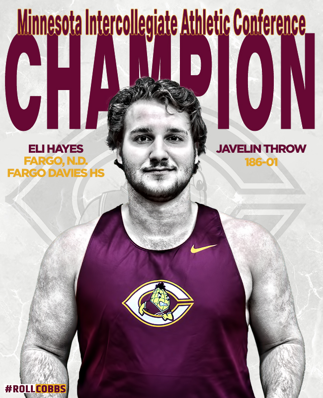 🥇 𝗠𝗜𝗔𝗖 𝗖𝗛𝗔𝗠𝗣𝗜𝗢𝗡 🥇 First-year thrower Eli Hayes comes up with a HUGE throw on his last attempt to win the MIAC javelin! Sophomore Jacob Pipho places 6th with a mark of 168-01. #RollCobbs🌽