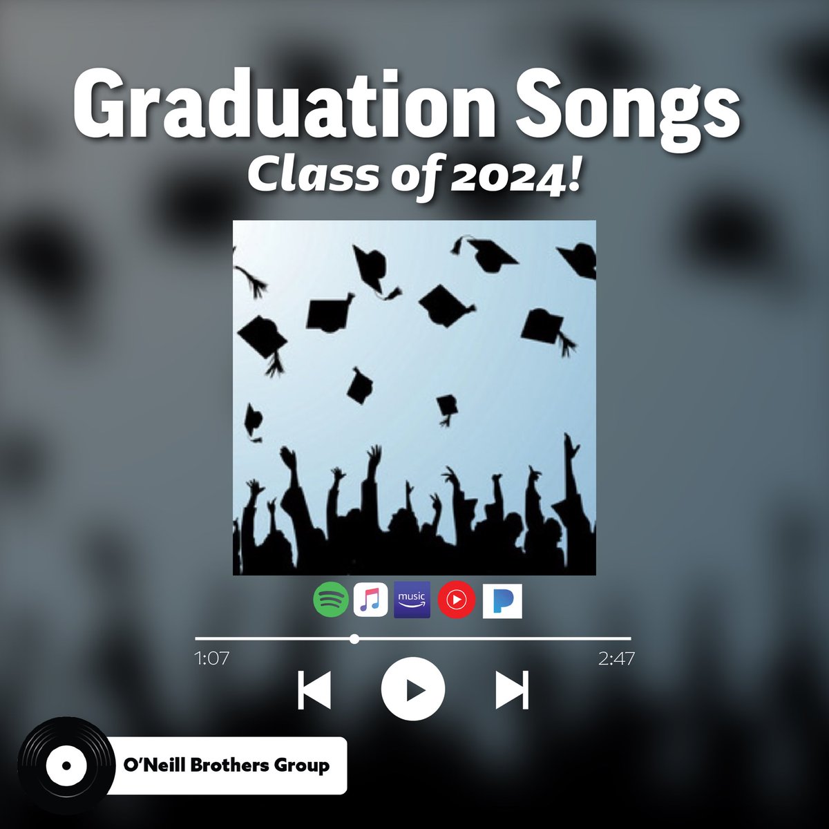 ONeillBrosGroup's tweet photo. You did it! Kick off your shoes, throw those papers up, and start dancing and singing. Congrats! 🎉🎊
Use this graduation playlist to celebrate - https://t.co/WZPNtR8aEw
#graduationmusic #classof2024 #graduationsong #grad https://t.co/iK86cuU9H6
