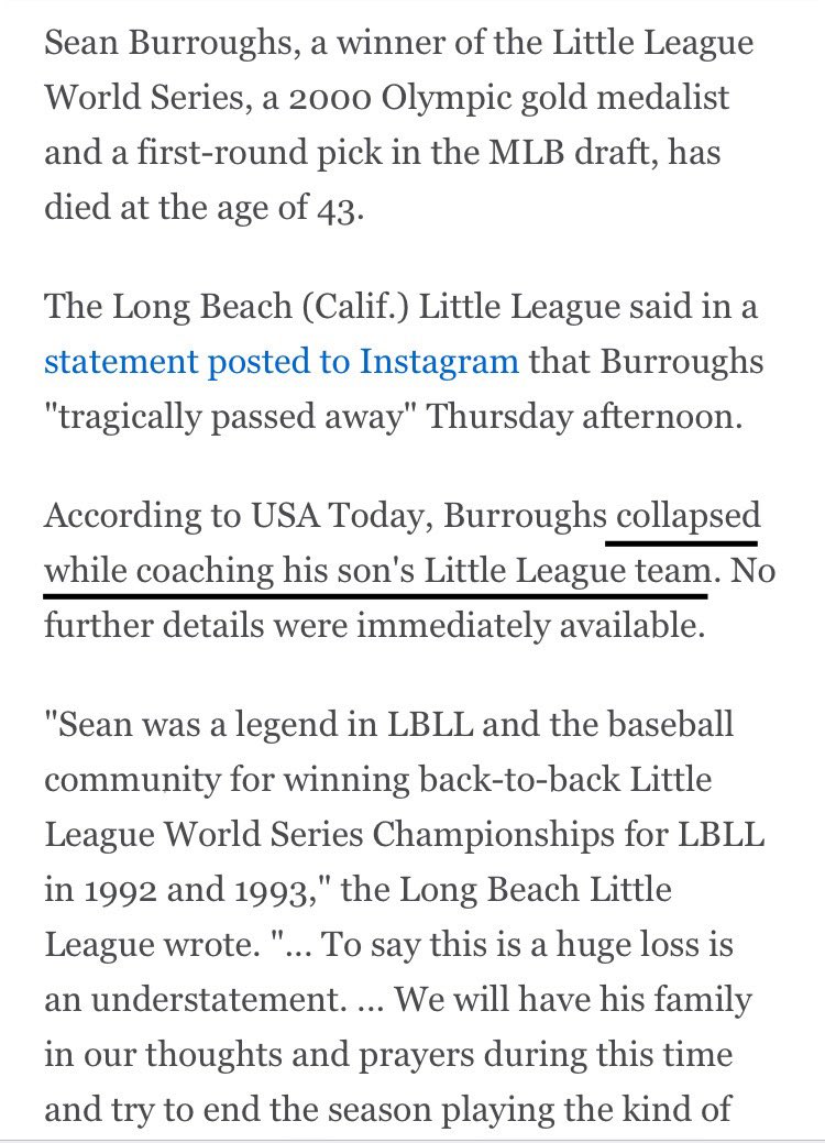 Former MLB infielder Sean Burroughs collapsed while coaching his son’s Little League team.  He #diedsuddenly aged 44
(May 2024)