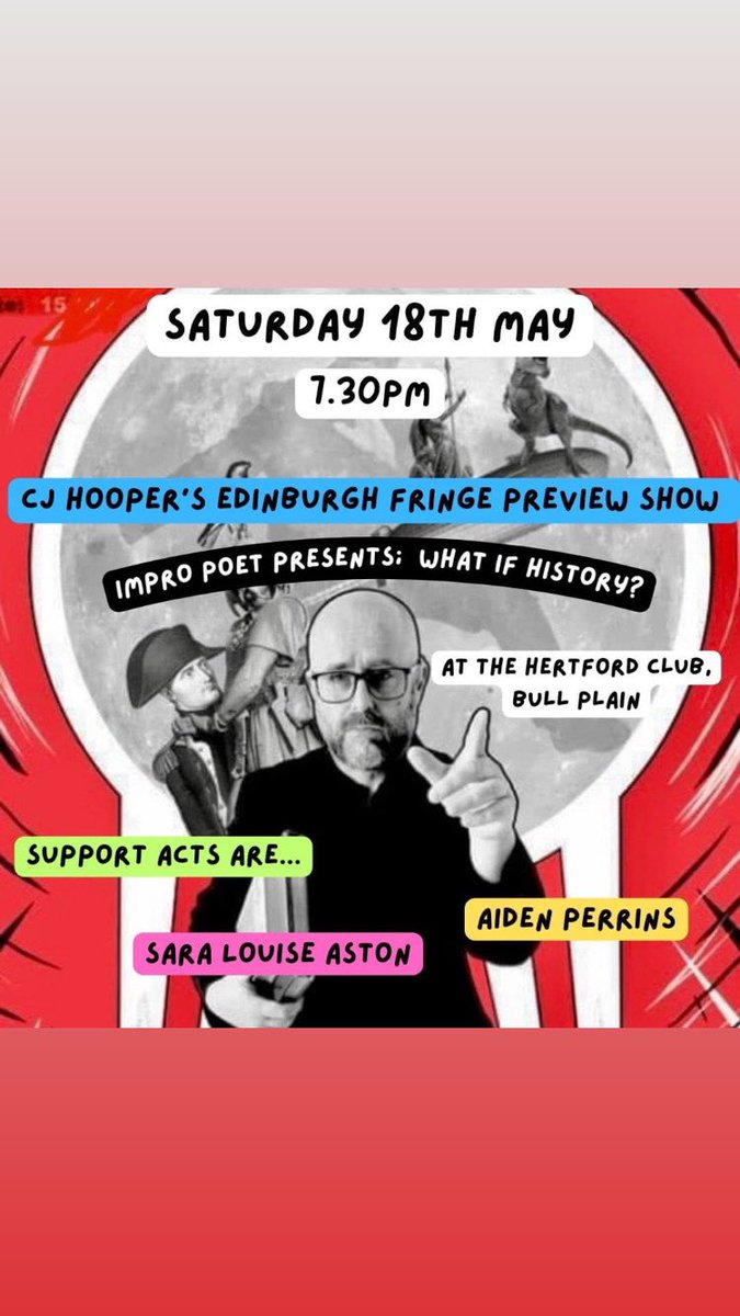 8 days…
@HertfordclubUK 
#edinburghfringe PREVIEW with @CJHooperman 
It’s an excellent show & im doing a bit of comedy too…Aiden is too 🎤
Next #Saturday #comedy #poetry #history #standup #hertfordcomedy 🎤🎭🎤
