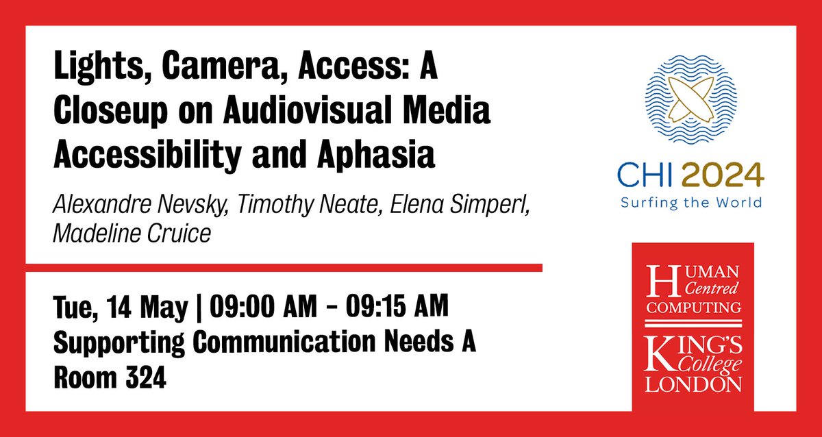 Human-Centred Computing @ King's College London (@kingshcc) on Twitter photo Lights, Camera, Access: A Closeup on Audiovisual Media Accessibility and Aphasia, by Alexandre Nevsky (<a href="/sachanevsky_/">Alexandre Nevsky</a>), Timothy Neate (<a href="/quiteneate/">Timothy Neate (@quiteneate.bsky.social)</a>), Elena Simperl (<a href="/esimperl/">Elena Simperl</a>) and Madelina Cruice (@madelinecruice).
🎥 youtube.com/watch?v=-gN-fM…
🔗 programs.sigchi.org/chi/2024/progr… Lights, Camera, Access: A Closeup on Audiovisual Media Accessibility and Aphasia, by Alexandre Nevsky (<a href="/sachanevsky_/">Alexandre Nevsky</a>), Timothy Neate (<a href="/quiteneate/">Timothy Neate (@quiteneate.bsky.social)</a>), Elena Simperl (<a href="/esimperl/">Elena Simperl</a>) and Madelina Cruice (@madelinecruice).
🎥 youtube.com/watch?v=-gN-fM…
🔗 programs.sigchi.org/chi/2024/progr…