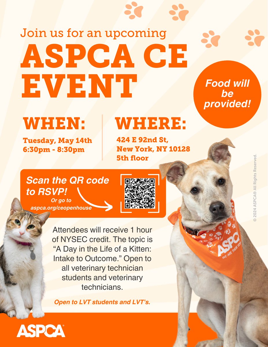 📢LAST CALL📢 All Licensed Veterinary Technicians and LVT students in #NYC are invited to our free CE event on Tuesday, May 14th at 6:30pm. Join us at the @ASPCA headquarters on East 92nd Street. Register here. 👇 #VetMed #CareerOpportunity airtable.com/apprlJjwa7kNZV…