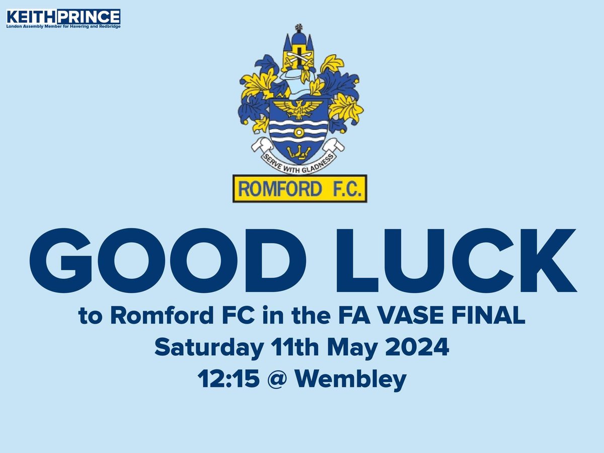 Best of luck to Romford FC tomorrow in the FA VASE final against Wakering Rovers at Wembley. I'll be there supporting Romford, I hope to see many of you there! Send your best to Romford in the comments! ⬇️